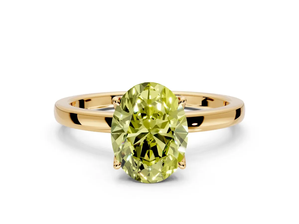 Solitaire Engagement Ring Setting for Fancy Yellow Oval Center with Thin Rounded Plain Band and Prong Head in Yellow Gold