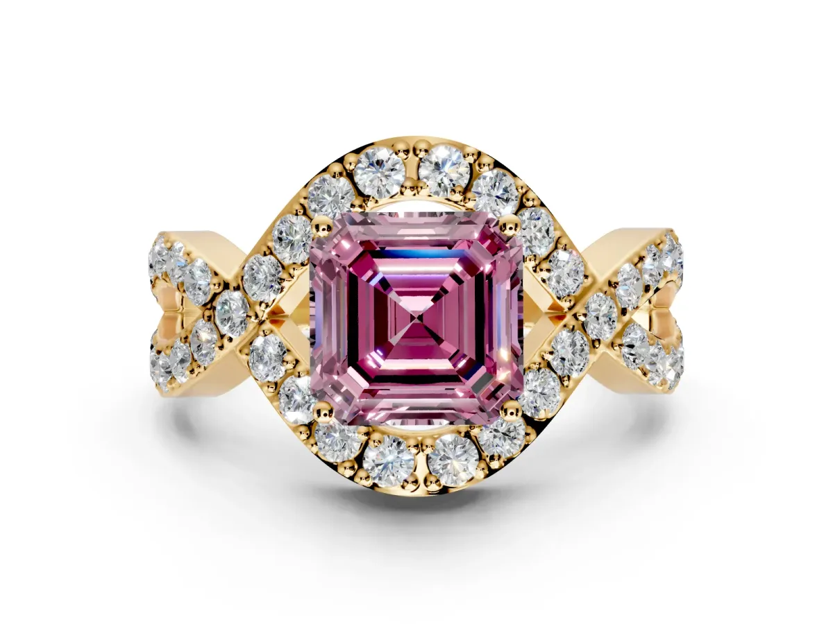 Halo Engagement Ring Setting for Fancy Pink Asscher Cut Center with Pave Infinity Twist Band and Prong Head in Yellow Gold