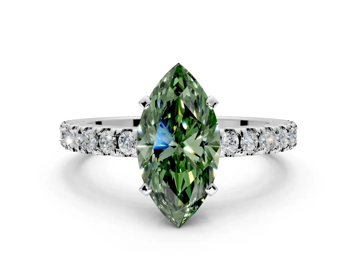 Solitaire Engagement Ring Setting for Fancy Green Marquise Center with Single Row Accent Band and Prong Head in Sterling Silver