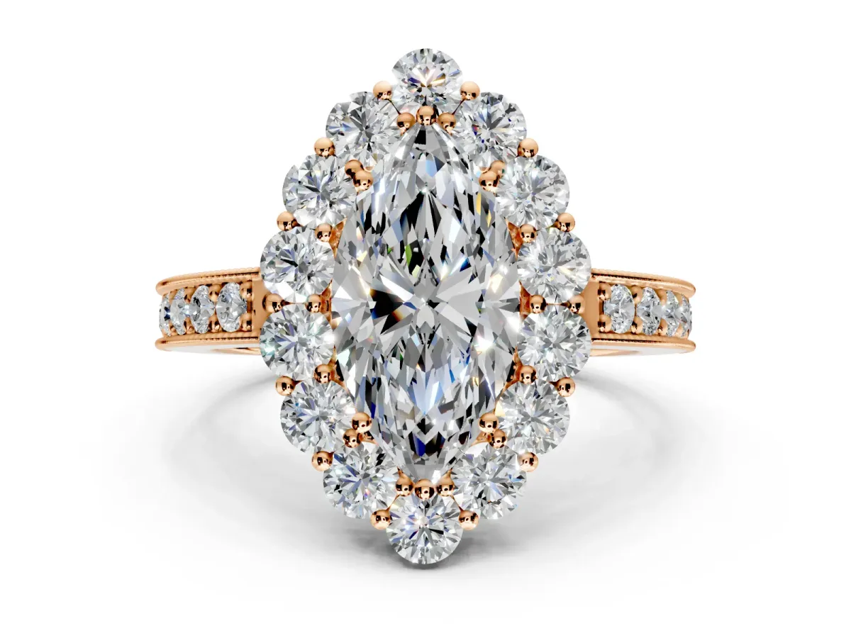 Halo Engagement Ring Setting for Marquise Center with Milgrain Channel Band and Prong Head in Rose Gold