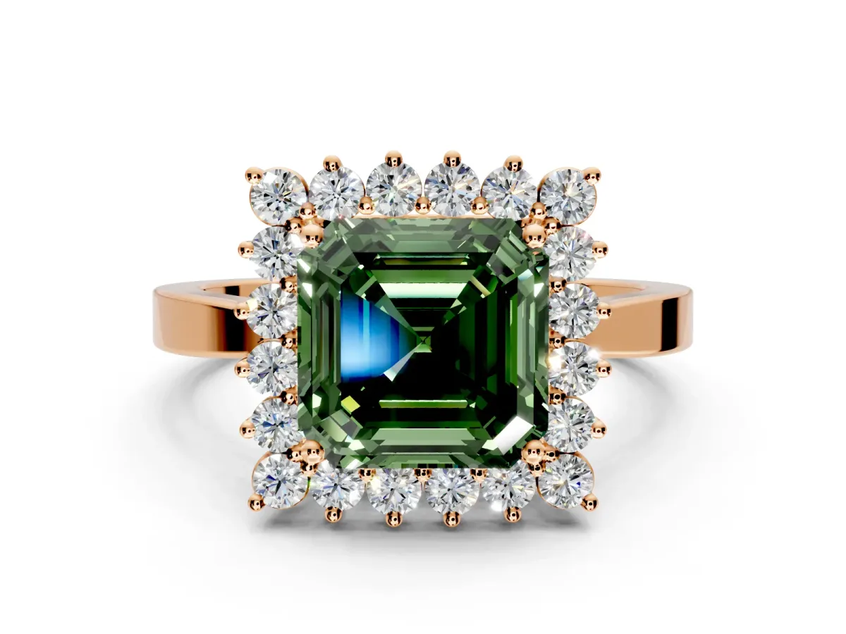 Starburst Halo Engagement Ring Setting for Fancy Green Asscher Cut Center with Flat Cathedral Band and Prong Head in Rose Gold