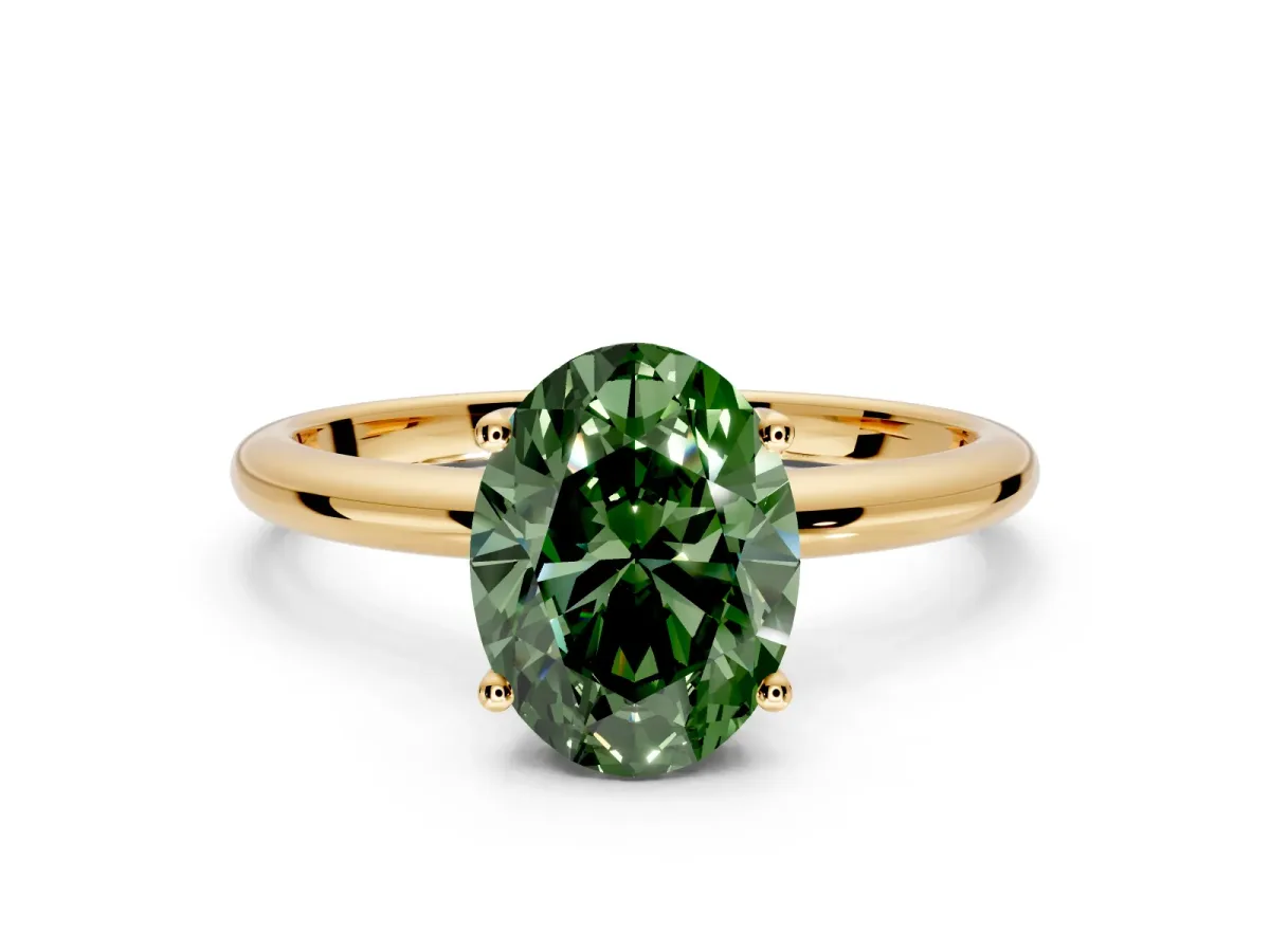 Hidden Halo Engagement Ring Setting for Fancy Green Oval Center with Thin Round-Wire Band and Prong Head in Yellow Gold