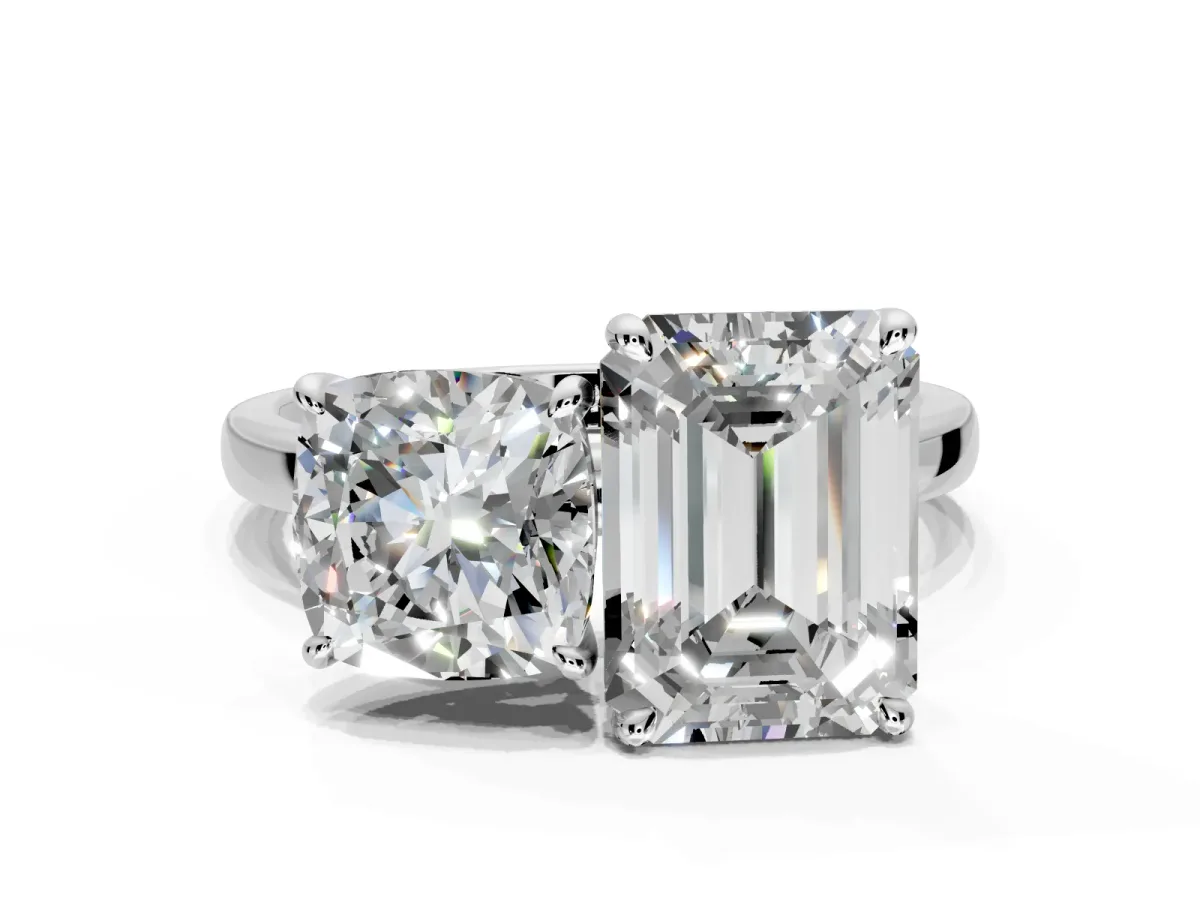Cushion Cut and Emerald Cut Lab-Grown Diamond Toi et Moi Engagement Ring with Prong-Set Stones in Sterling Silver