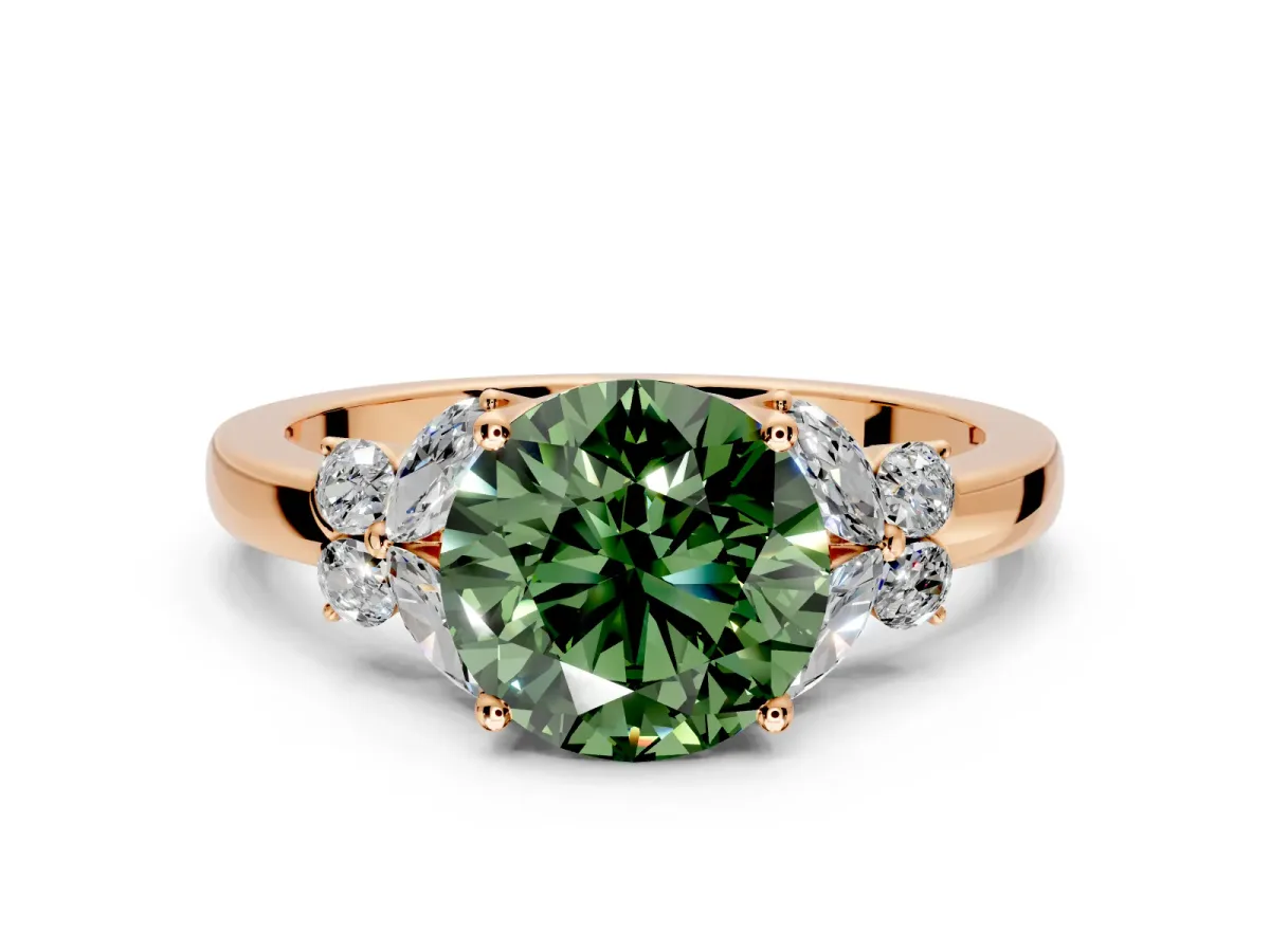 Solitaire Engagement Ring Setting for Fancy Green Round Cut Center with Marquise Flower Shoulders and Prong Head in Rose Gold