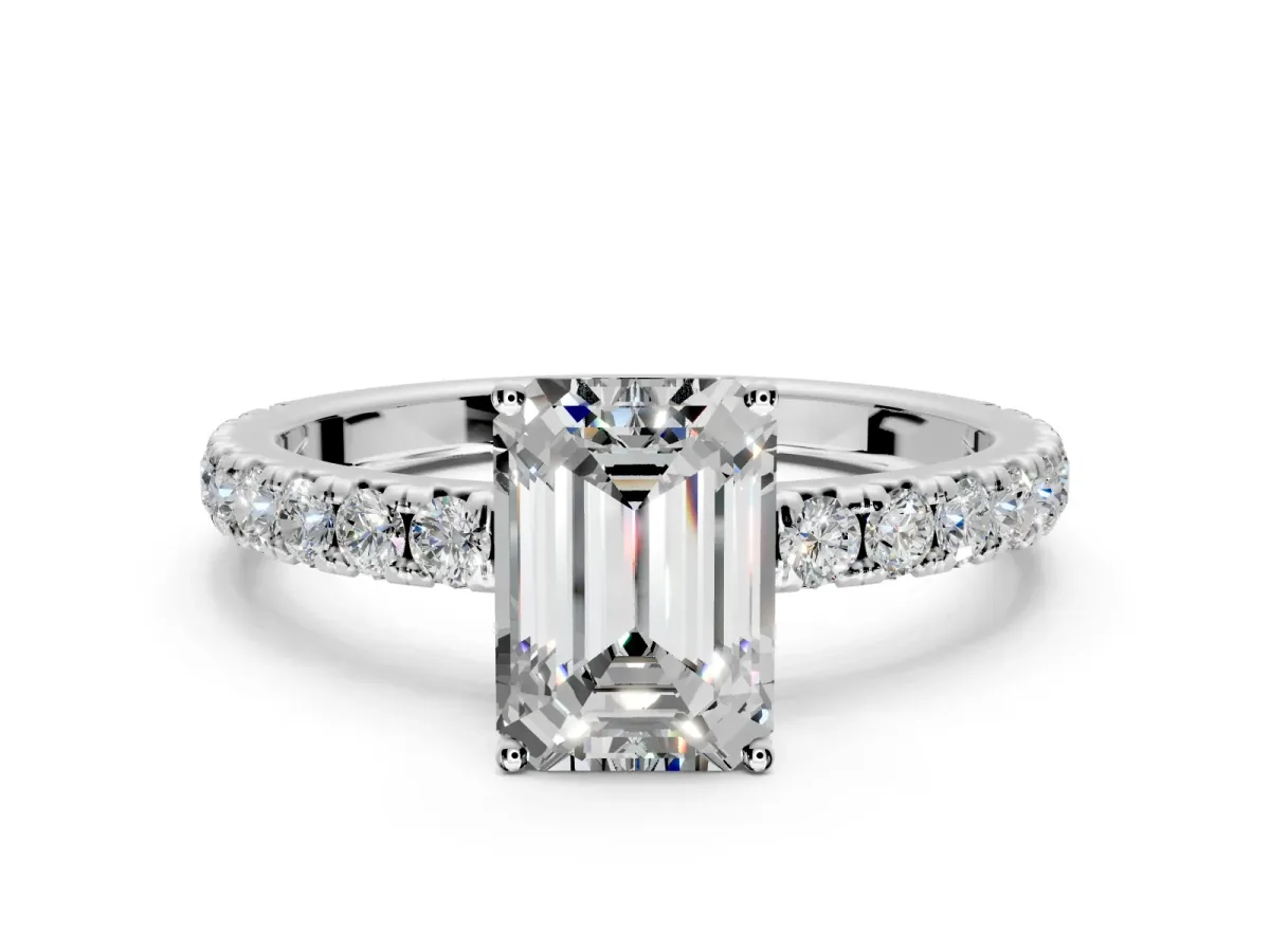 Solitaire Engagement Ring Setting for Emerald Cut Center with Large Accent Band and Prong Head in Sterling Silver