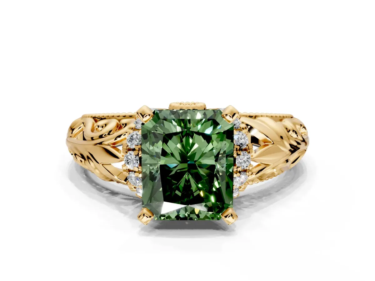 Solitaire Engagement Ring Setting for Fancy Green Radiant Cut Center with Filigree Accent Basket and Prong Head in Yellow Gold