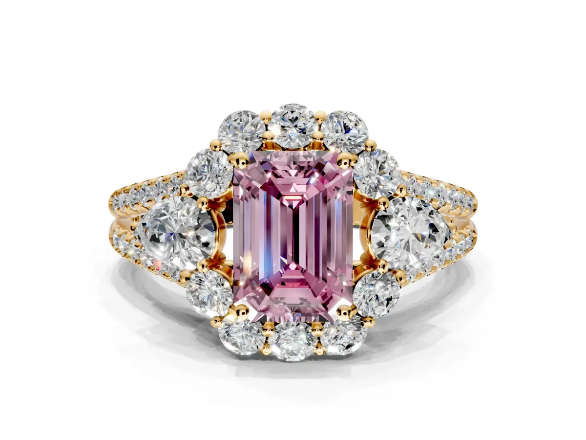Halo Engagement Ring Setting for Fancy Pink Emerald Cut Center with Two-Strand Split Shank and Prong Head in Yellow Gold