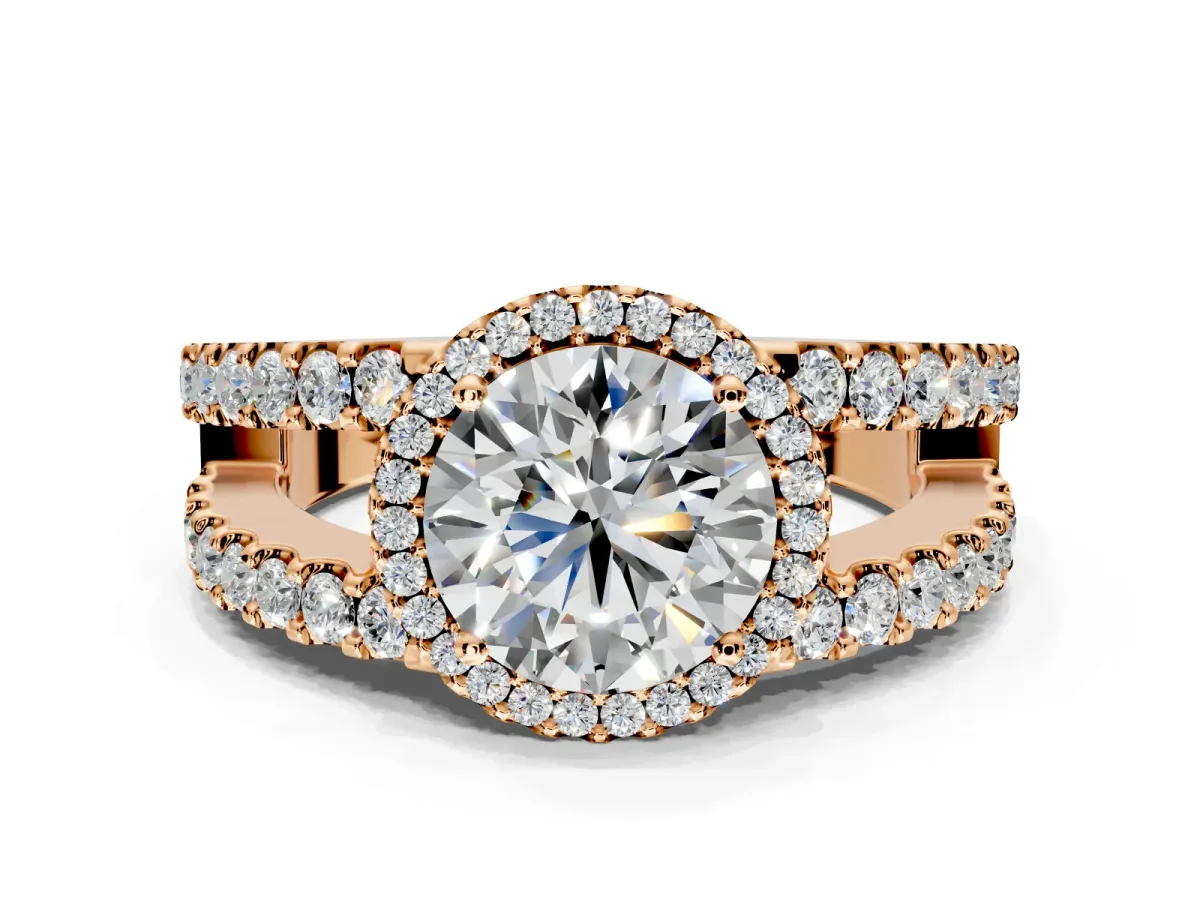 Halo Engagement Ring Setting for Round Cut Center with Wide-Open Pave Split Shank and Prong Head in Rose Gold