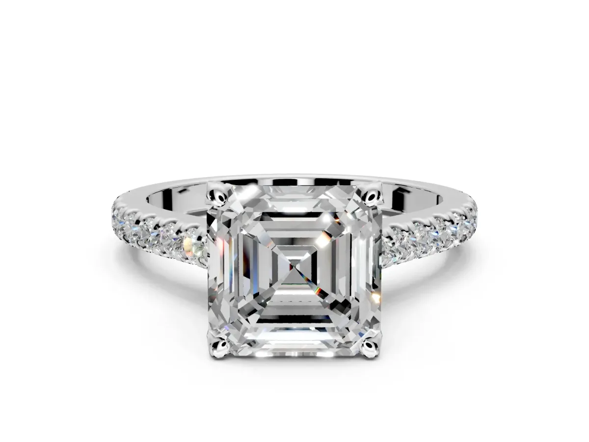 Solitaire Engagement Ring Setting for Asscher Cut Center with Widening Pave Band and Claw Prong Head in White Gold