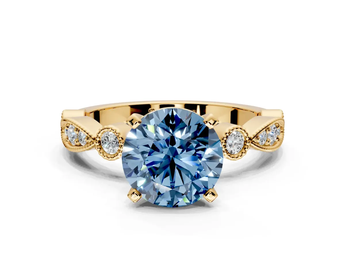 Solitaire Engagement Ring Setting for Fancy Blue Round Cut Center with Milgrain Bezel Accents and Prong Head in Yellow Gold
