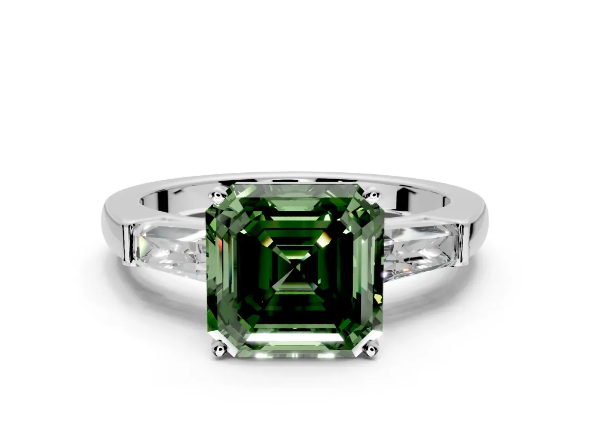 3 Stone Engagement Ring Setting for Fancy Green Asscher Cut Center with Tapered Baguettes, Plain Band and Prong Head in Sterling Silver