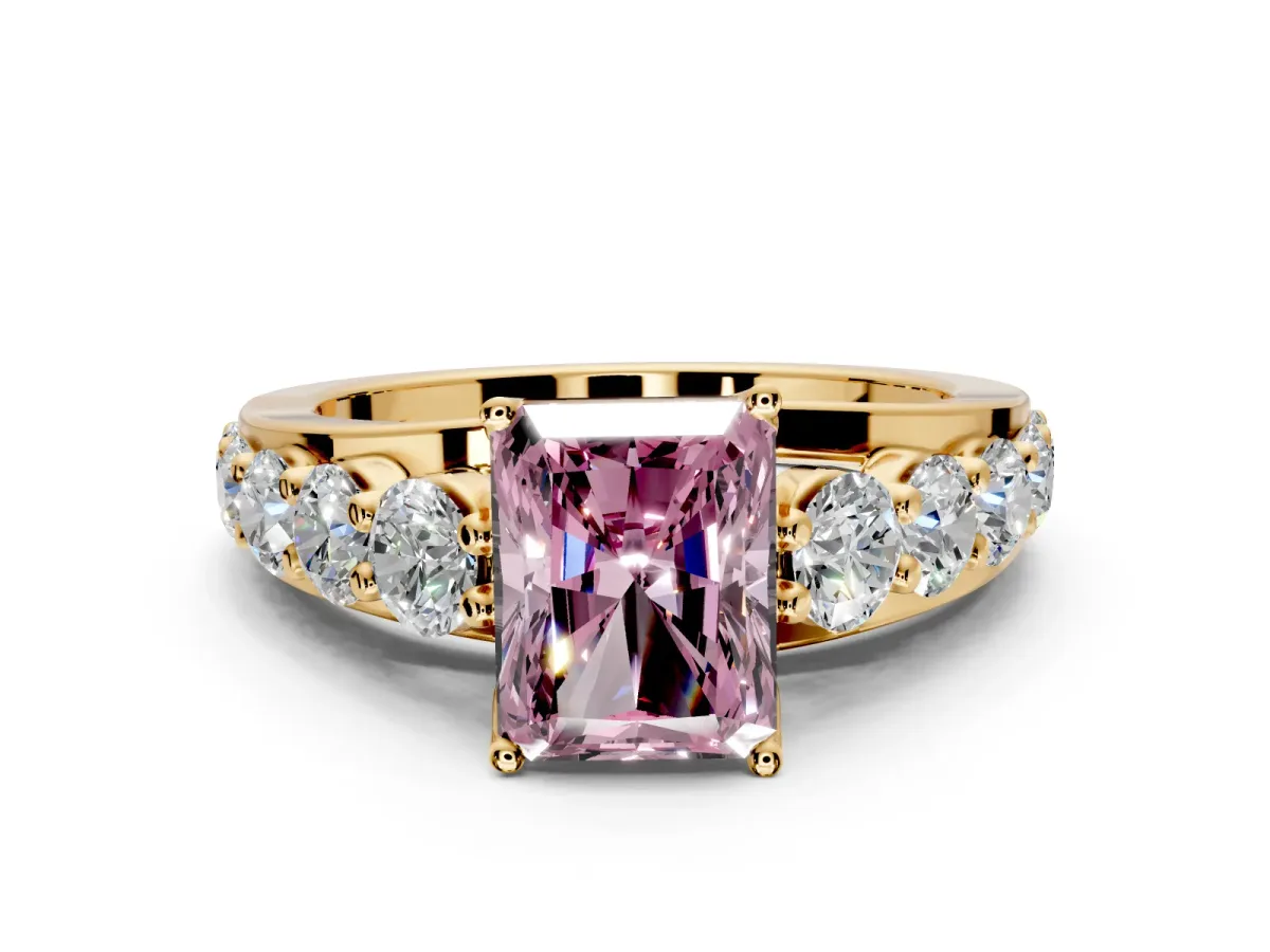 Solitaire Engagement Ring Setting for Fancy Pink Radiant Cut Center with Graduated Shared Prongs and Prong Head in Yellow Gold