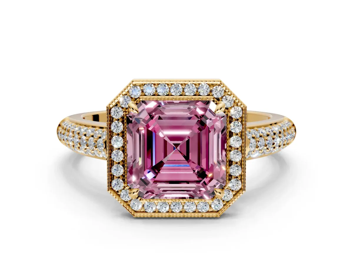 Milgrain Halo Engagement Ring Setting for Fancy Pink Asscher Cut Center with Three-Sided Pave Band and Prong Head in Yellow Gold