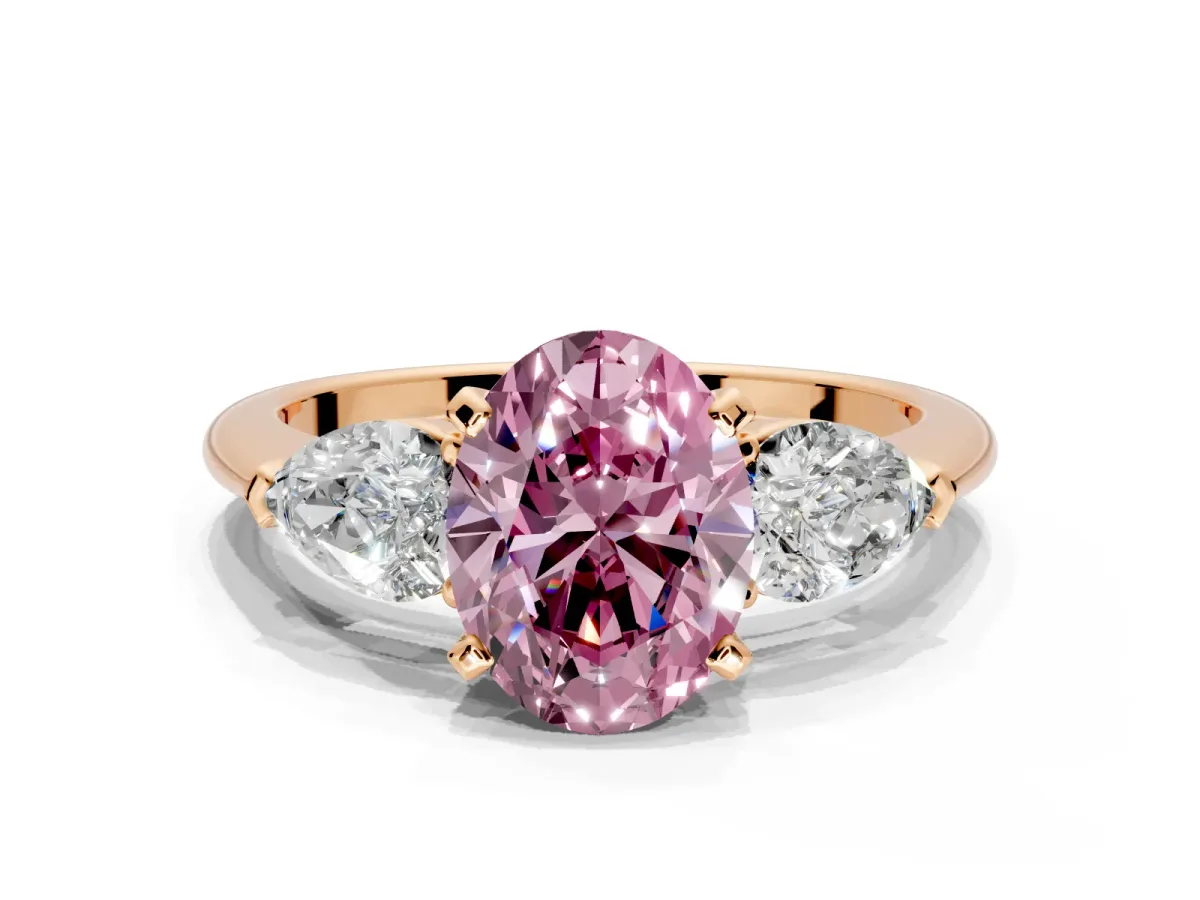 3 Stone Engagement Ring Setting for Fancy Pink Oval Center with Large Pear-Shaped Accents and Prong Head in Rose Gold