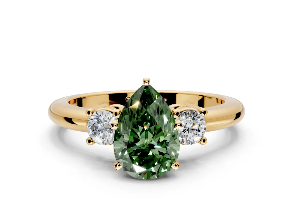 3 Stone Engagement Ring Setting for Fancy Green Pear-Shaped Center with Wide Plain Band and Prong Head in Yellow Gold