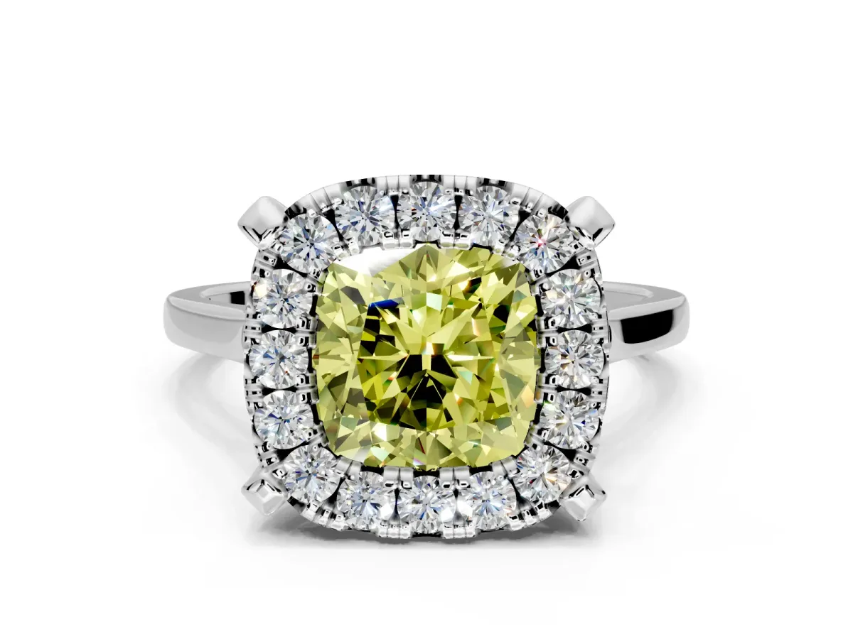 Single Halo Engagement Ring Setting for Fancy Yellow Cushion Cut Center with Corner Claws, Plain Band and Prong Head in Sterling Silver