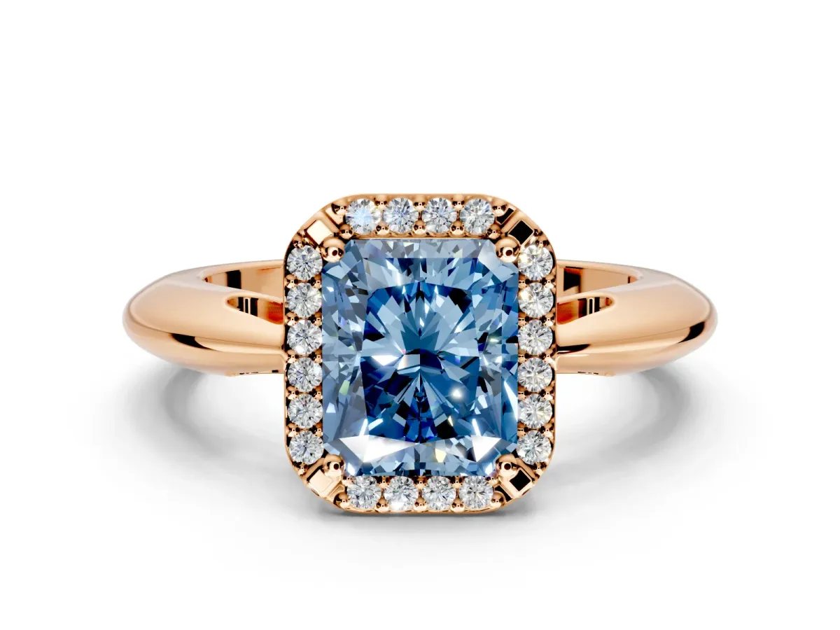 Halo Engagement Ring Setting for Fancy Blue Radiant Cut Center with Tapered Plain Band and Prong Head in Rose Gold
