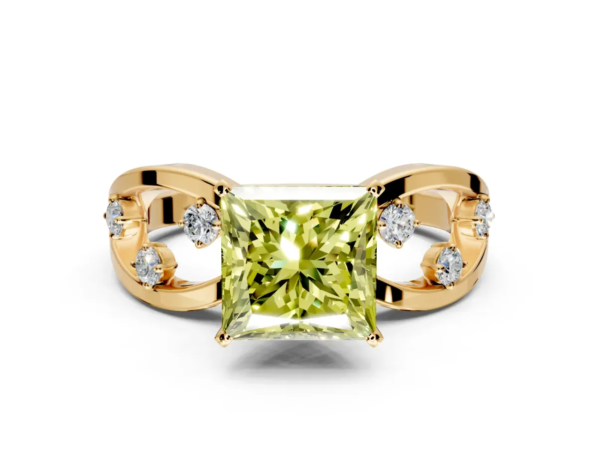 Solitaire Engagement Ring Setting for Fancy Yellow Princess Cut Center with Criss-Cross Accent Band and Prong Head in Yellow Gold