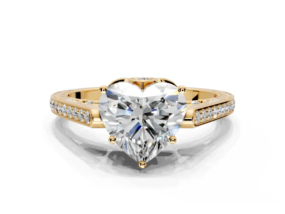 Cathedral Engagement Ring Setting for Heart-Shaped Center with Antique-Style Pave Band and Prong Head in Yellow Gold