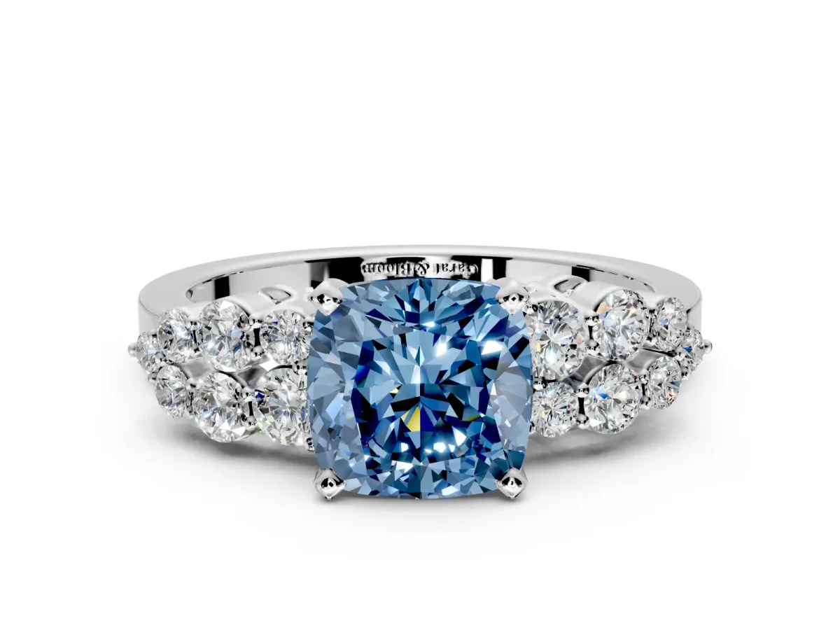 Cluster Engagement Ring Setting for Fancy Blue Cushion Cut Center with 2-Row Shoulder Clusters and Prong Head in Platinum