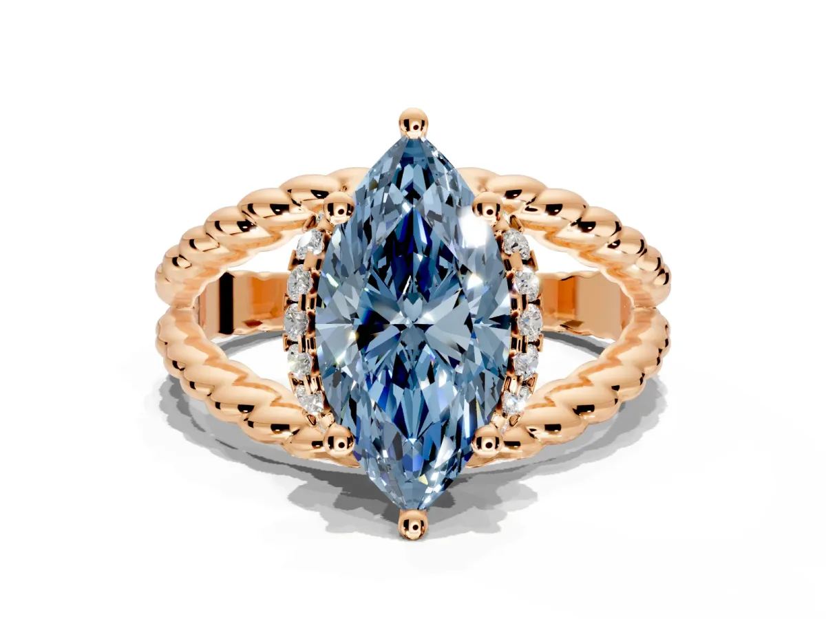 Halo Engagement Ring Setting for Fancy Blue Marquise Center with Rope Twist Split Shank and Prong Head in Rose Gold