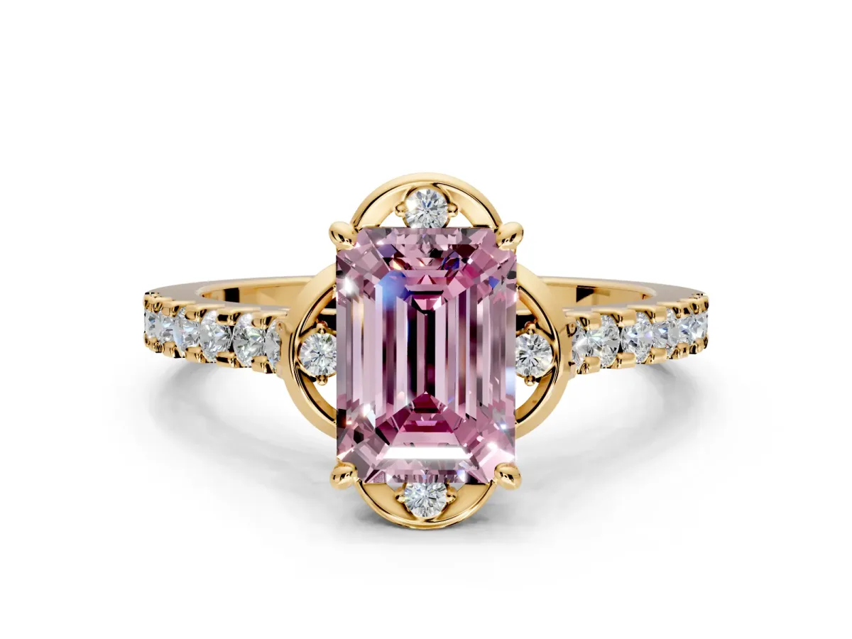 Floral Engagement Ring Setting for Fancy Pink Emerald Cut Center with Pave Band and Floral Prong Head in Yellow Gold