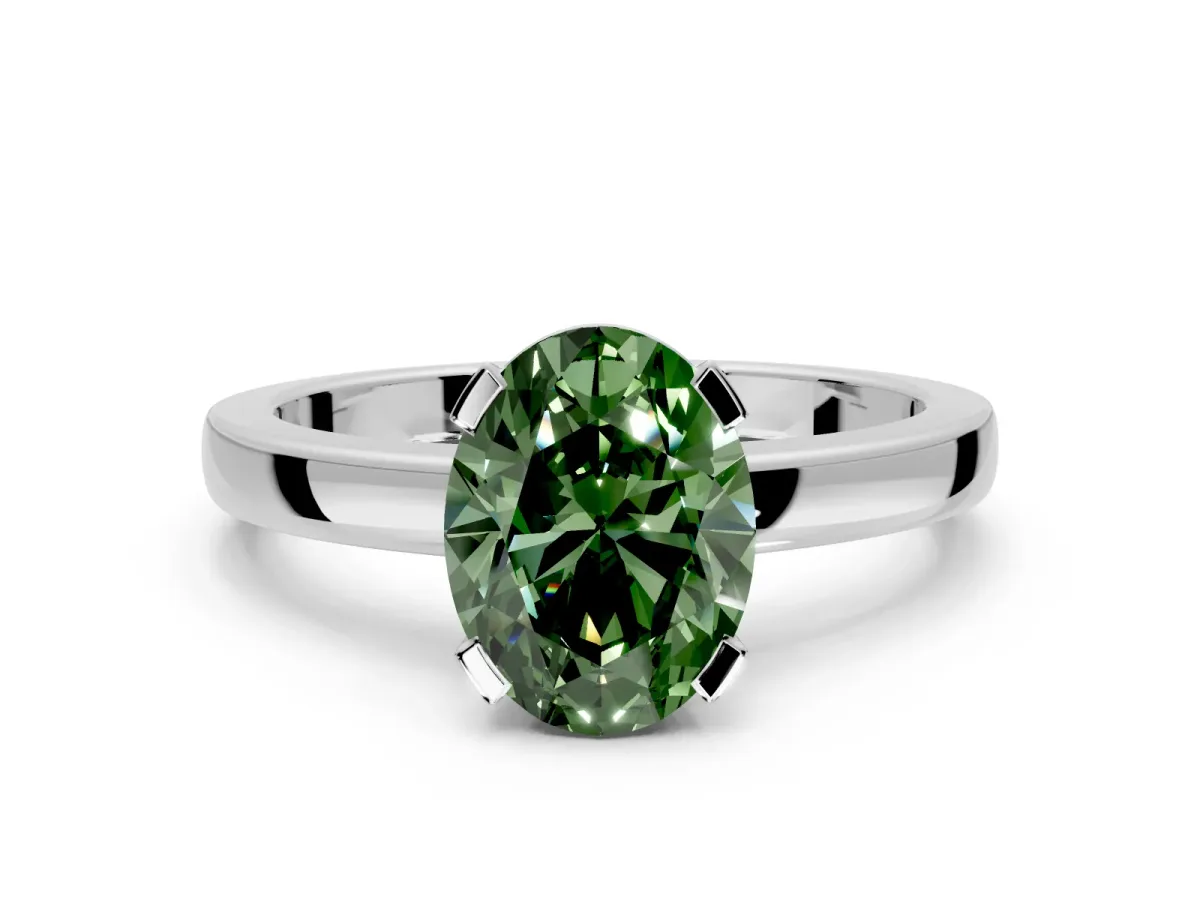 Solitaire Engagement Ring Setting for Fancy Green Oval Center with Plain Band and Flat Tab Prong Head in White Gold