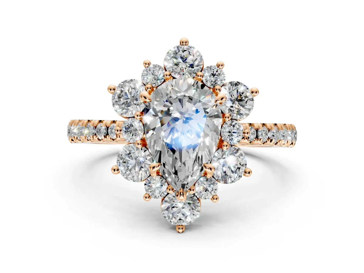 Floral Halo Engagement Ring Setting for Pear-Shaped Center with Pave Accents and Prong Head in Rose Gold