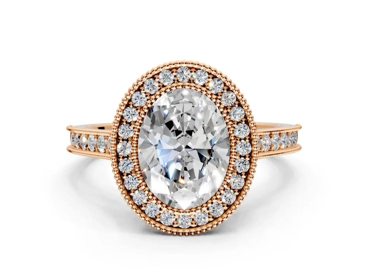 Halo Engagement Ring Setting for Oval Center with Milgrain Pave Band and Bezel Head in Rose Gold