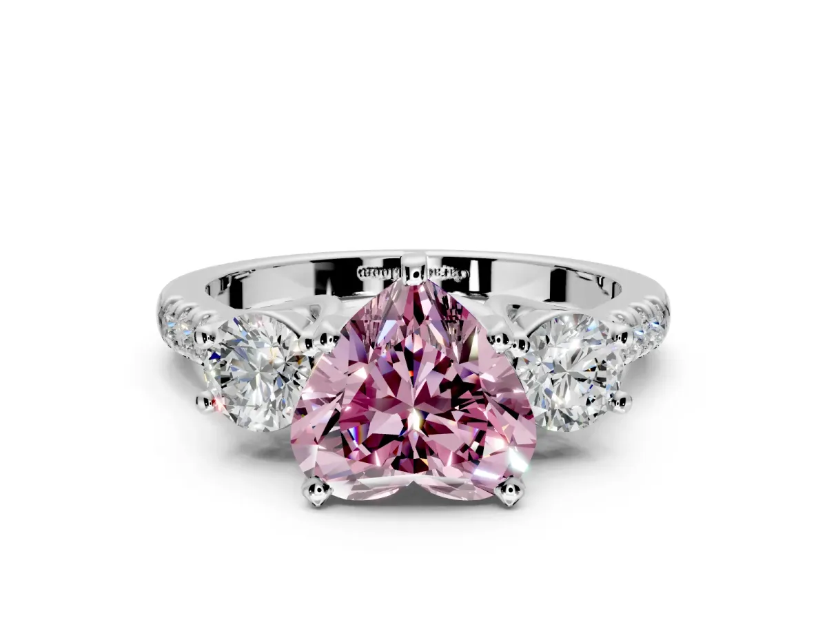 3 Stone Engagement Ring Setting for Fancy Pink Heart-Shaped Center with Crossover Basket, Pave Band and Prong Head in Sterling Silver