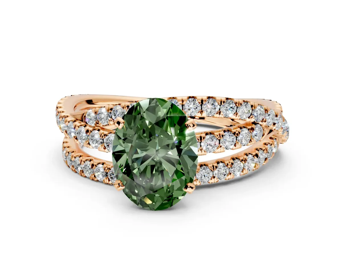Solitaire Engagement Ring Setting for Fancy Green Oval Center with Woven 3-Strand Pave Band and Prong Head in Rose Gold