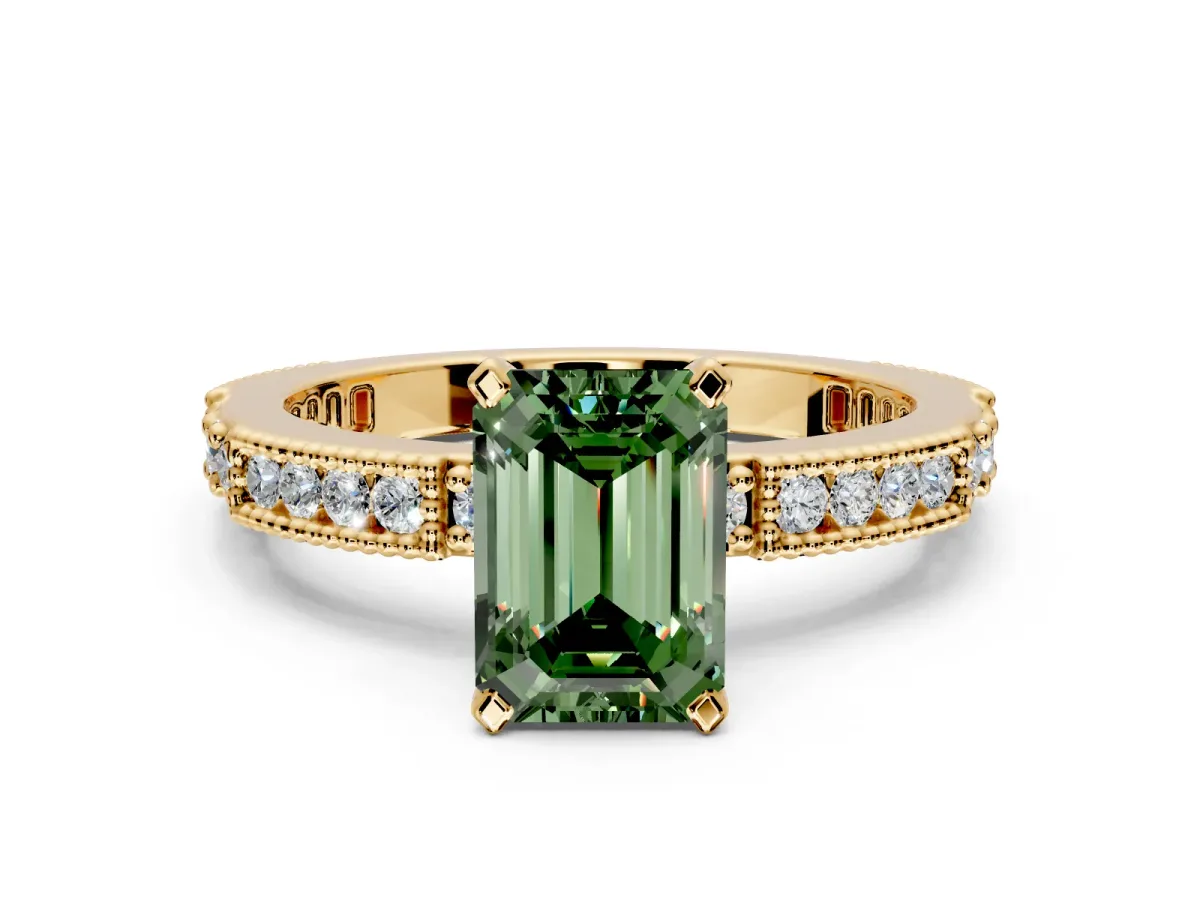 Solitaire Engagement Ring Setting for Fancy Green Emerald Cut Center with Milgrain-Edged Pave Band and Prong Head in Yellow Gold