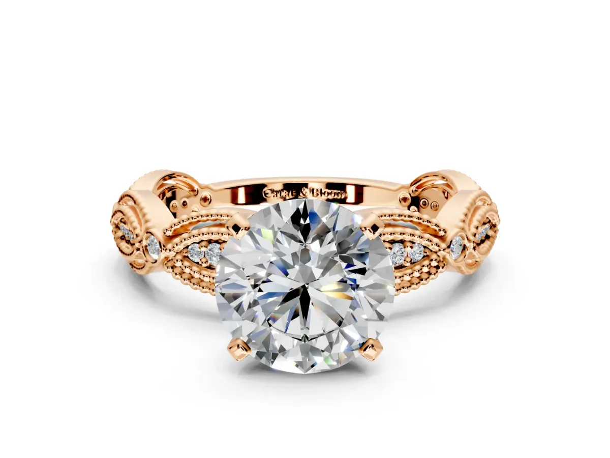 Solitaire Engagement Ring Setting for Round Cut Center with Marquise Panel Band and Prong Head in Rose Gold