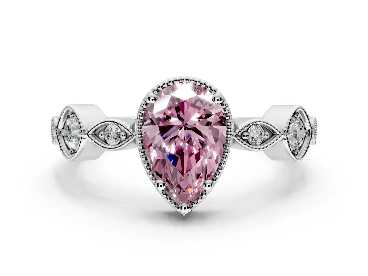 Vintage Station Engagement Ring Setting for Fancy Pink Pear-Shaped Center with Accents and Prong Head in Platinum