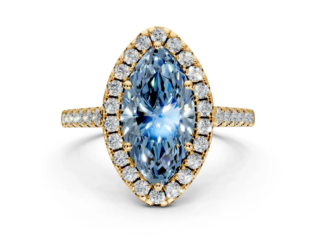 Halo Engagement Ring Setting for Fancy Blue Marquise Center with Raised Halo, Pave Band and Prong Head in Yellow Gold