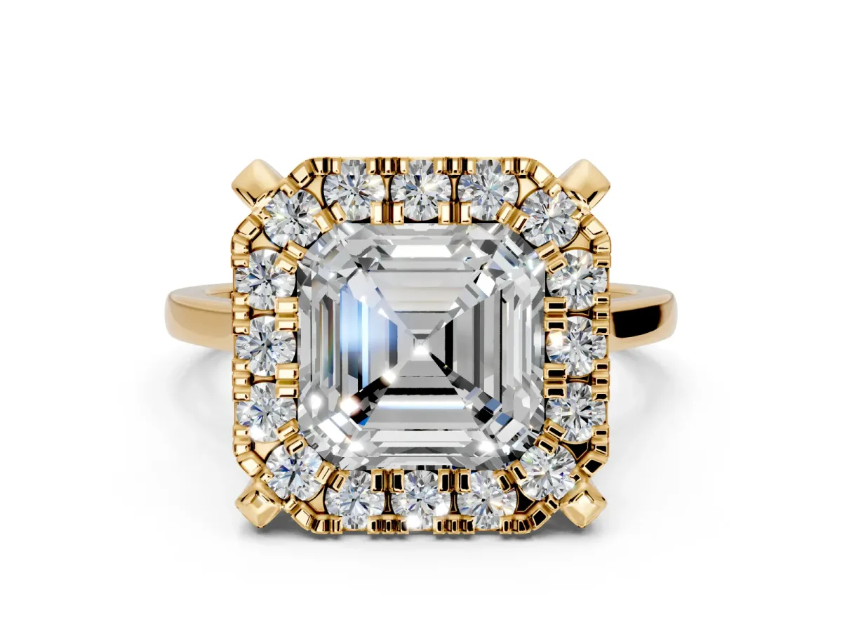Single Halo Engagement Ring Setting for Asscher Cut Center with Corner Claws, Plain Band and Prong Head in Yellow Gold