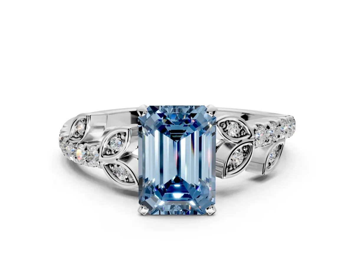 Leaf Motif Engagement Ring Setting for Fancy Blue Emerald Cut Center with Pave Band and Prong Head in Platinum