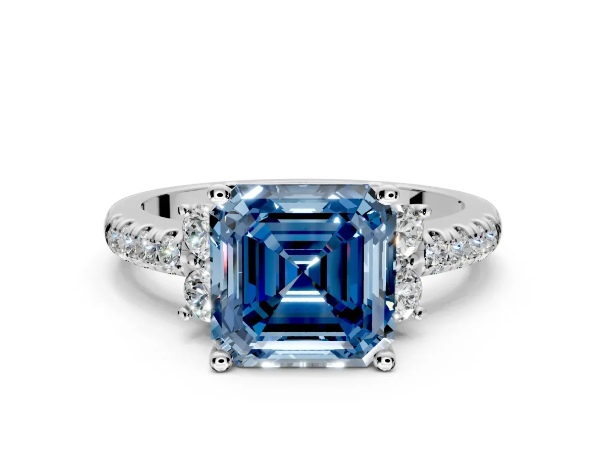 Paired Accent Engagement Ring Setting for Fancy Blue Asscher Cut Center with Pave Band and Prong Head in Sterling Silver