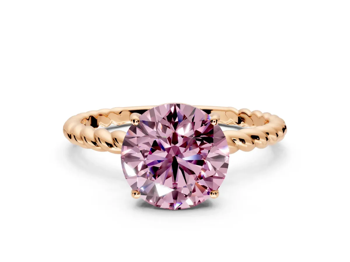 Solitaire Engagement Ring Setting for Fancy Pink Round Cut Center with Plain Twisted Rope Band and Prong Head in Rose Gold