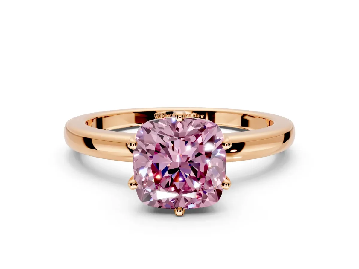 Solitaire Engagement Ring Setting for Fancy Pink Cushion Cut Center with Plain Band and Tulip Prong Head in Rose Gold