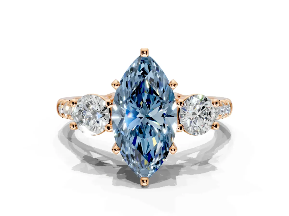 3 Stone Engagement Ring Setting for Fancy Blue Marquise Center with Crossover Basket, Pave Band and Prong Head in Rose Gold