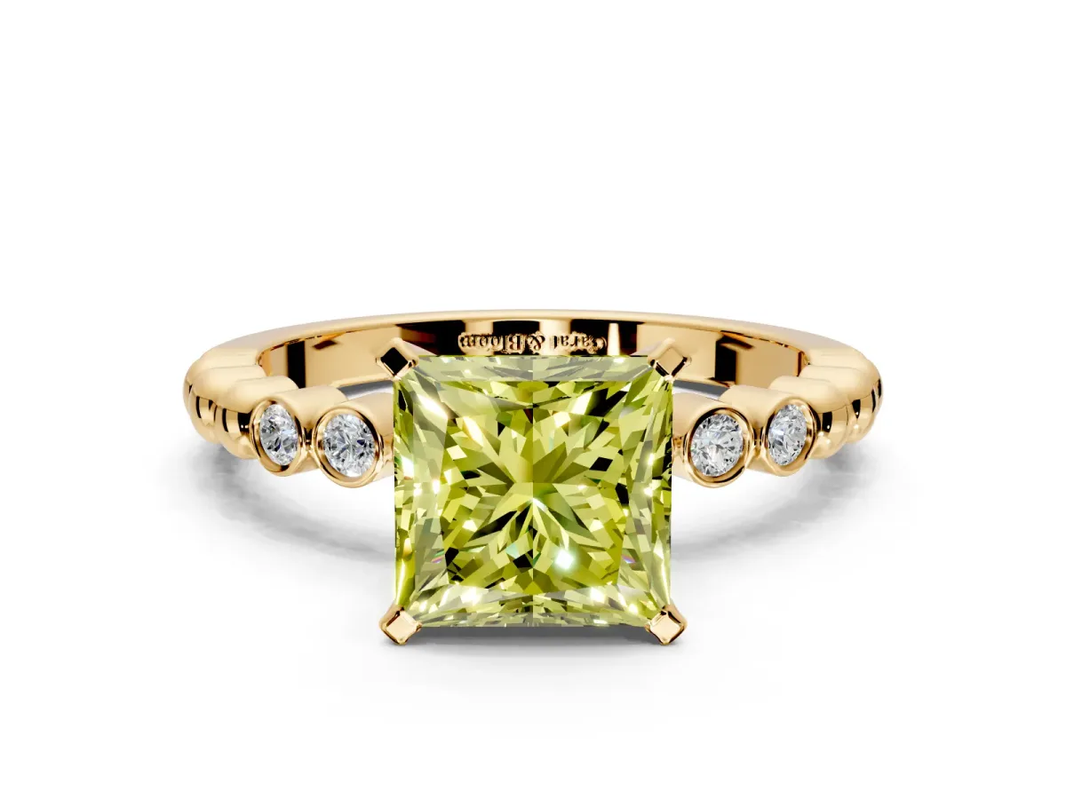 Solitaire Engagement Ring Setting for Fancy Yellow Princess Cut Center with Bezel-Dot Beaded Band and Prong Head in Yellow Gold