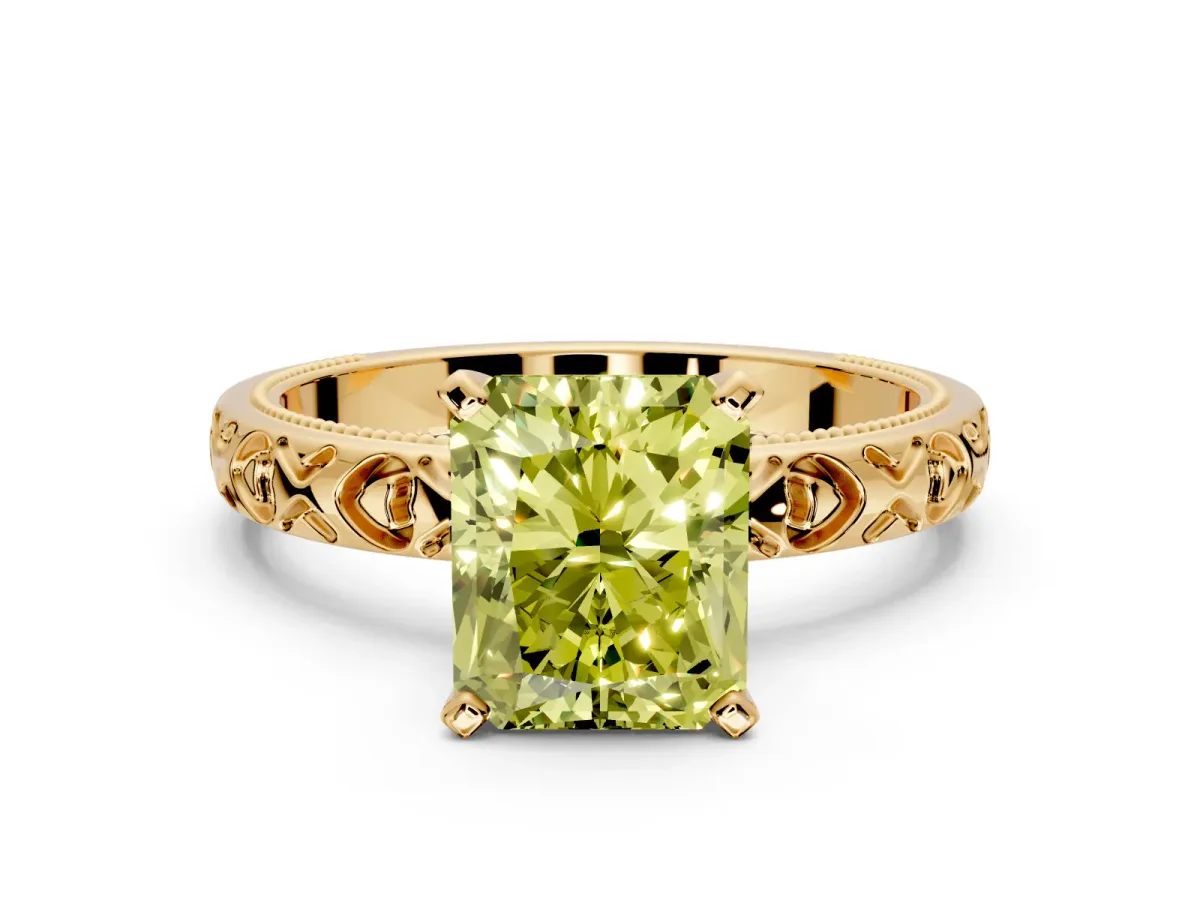 Solitaire Engagement Ring Setting for Fancy Yellow Radiant Cut Center with XO Engraved Band and Prong Head in Yellow Gold