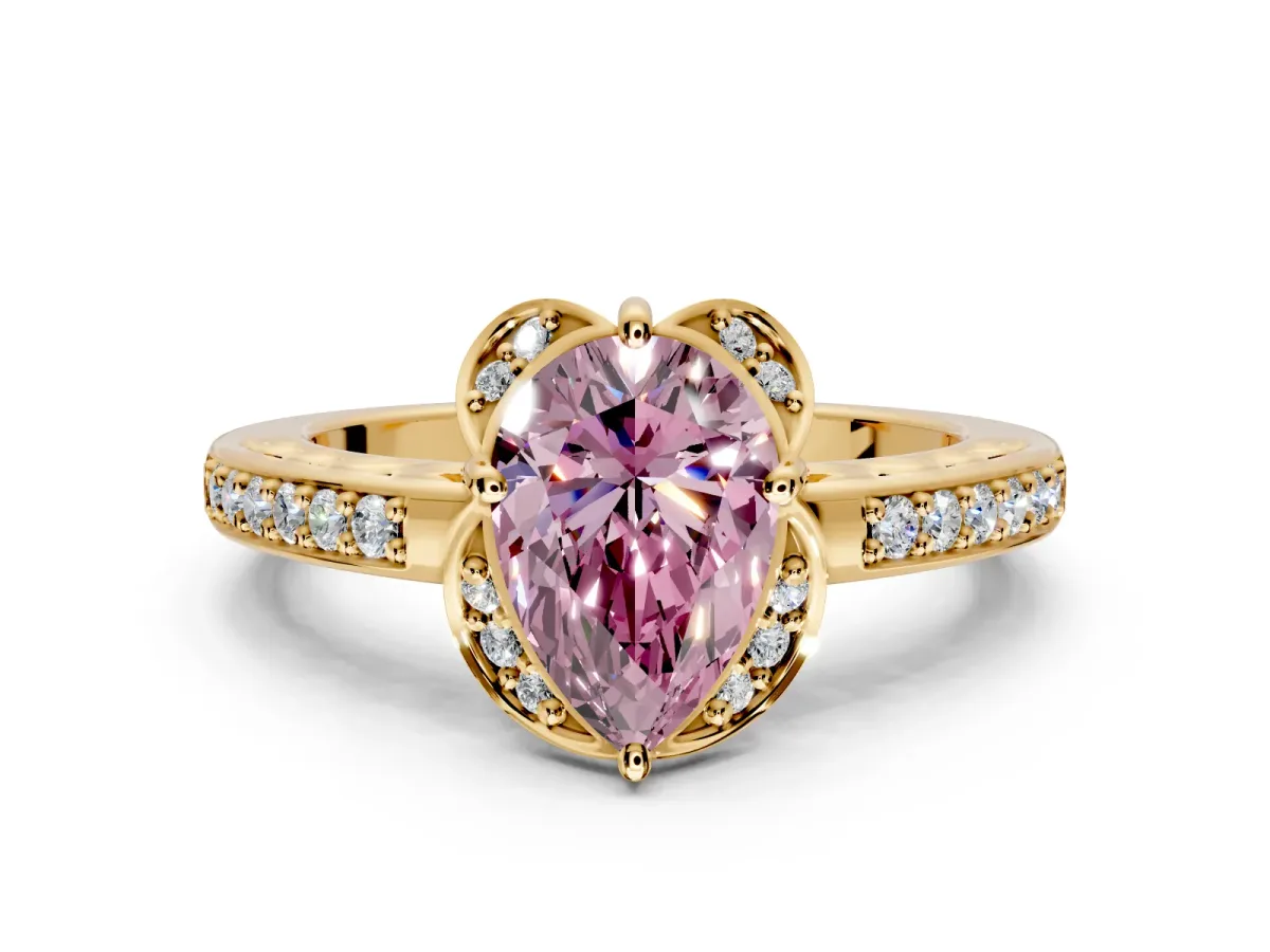 Floral Engagement Ring Setting for Fancy Pink Pear-Shaped Center with Four Accent Clusters and Prong Head in Yellow Gold