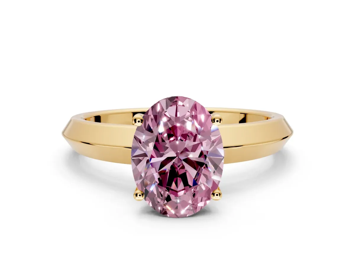 Solitaire Engagement Ring Setting for Fancy Pink Oval Center with Wide Knife Ridge Band and Prong Head in Yellow Gold