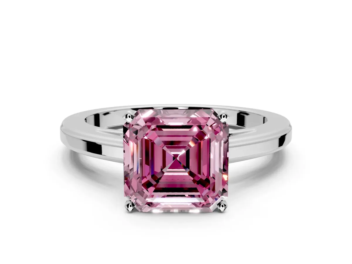 Solitaire Engagement Ring Setting for Fancy Pink Asscher Cut Center with Flat-Sided Plain Band and Prong Head in White Gold