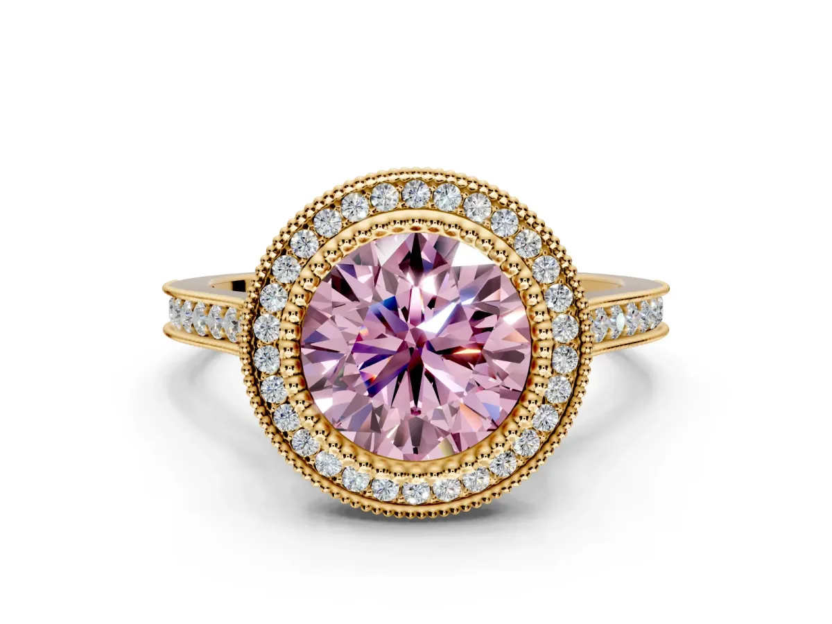 Halo Engagement Ring Setting for Fancy Pink Round Cut Center with Milgrain Frame, Pave Band and Prong Head in Yellow Gold
