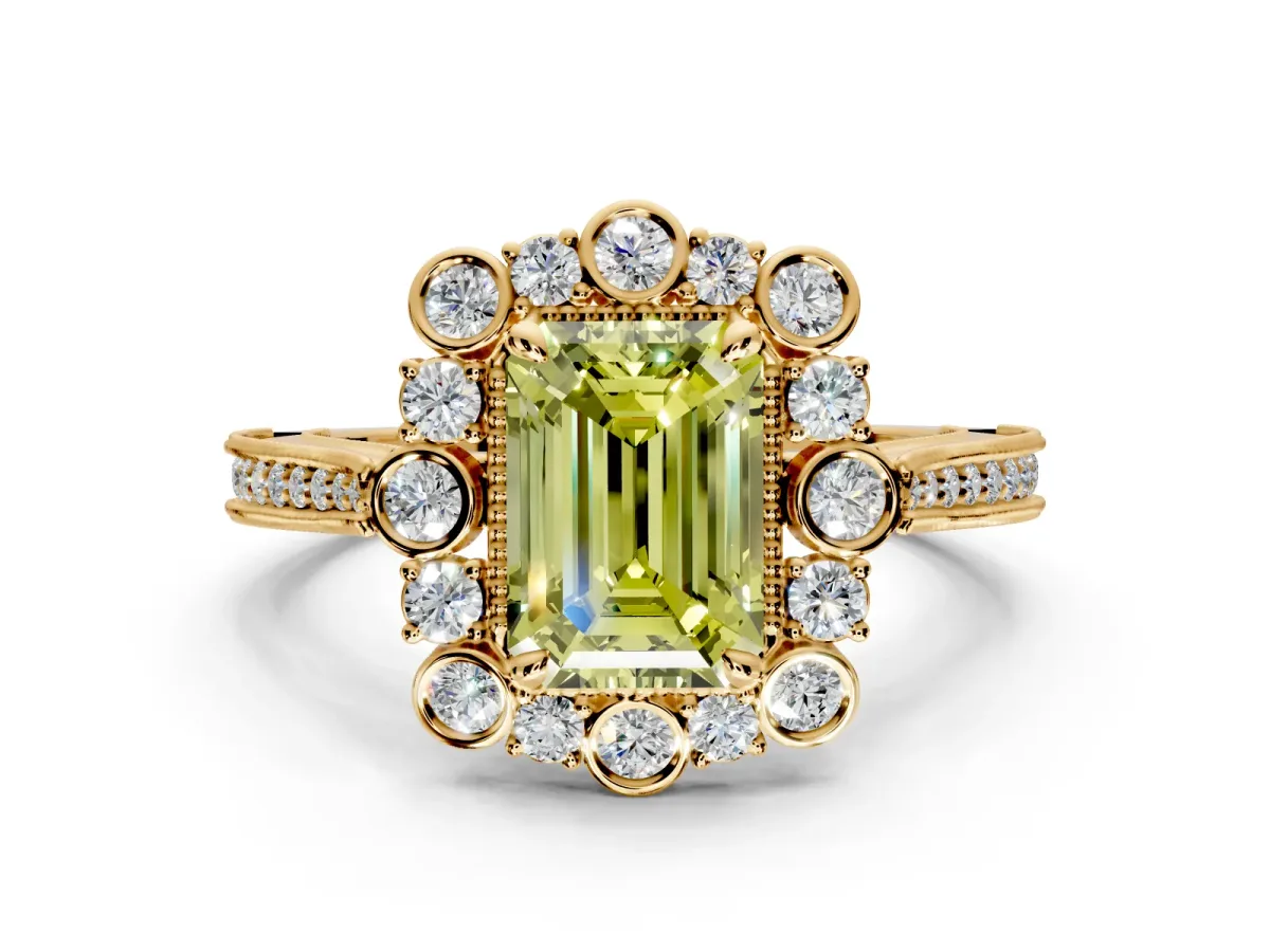 Milgrain Halo Engagement Ring Setting for Fancy Yellow Emerald Cut Center with Bezel Point Accents and Prong Head in Yellow Gold