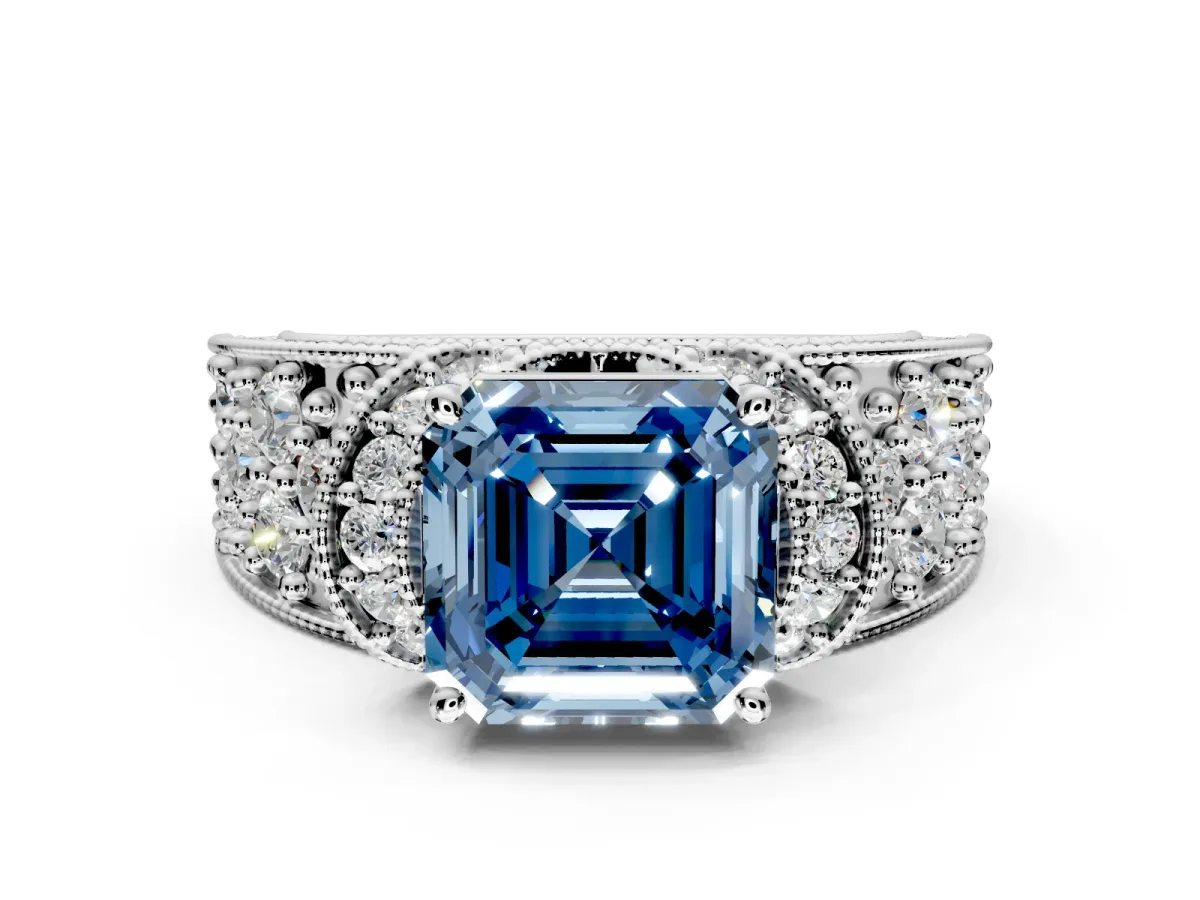 Pave Engagement Ring Setting for Fancy Blue Asscher Cut Center with Curved Accent Rows, Openwork and Prong Head in Platinum