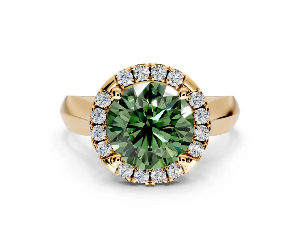 Halo Engagement Ring Setting for Fancy Green Round Cut Center with Square Band and Prong Head in Yellow Gold
